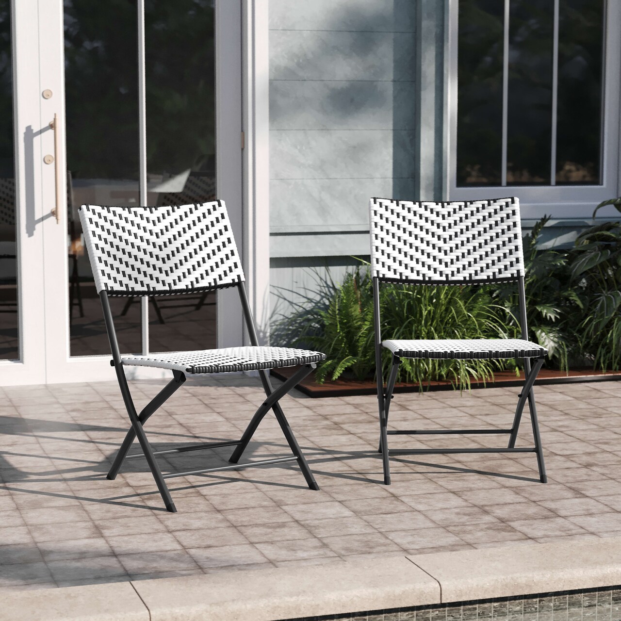 Emma and Oliver Ciel Set of Two Folding Bistro Chairs in PE Rattan with Metal Frames for Indoor and Outdoor Use
